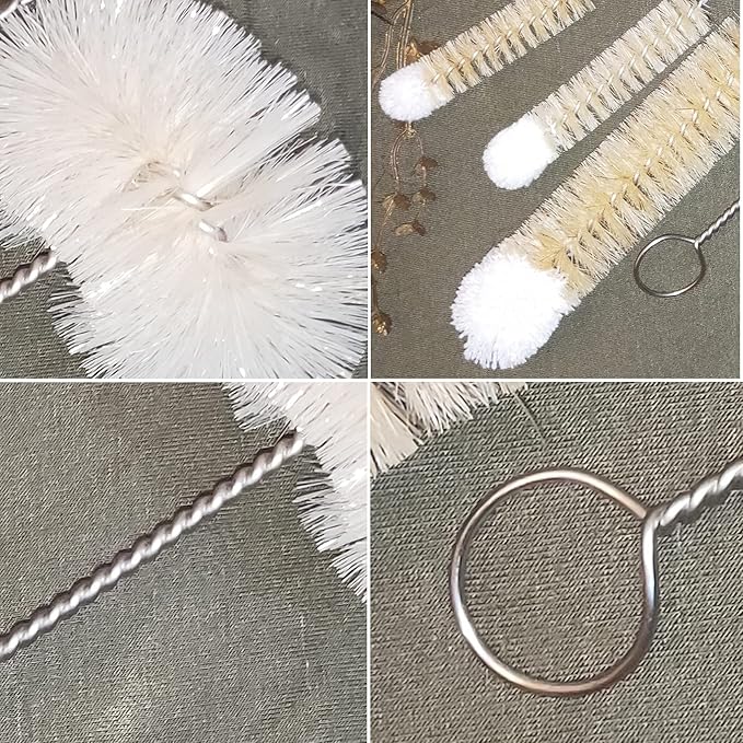 Coralpearl Bottle Brushes Thin Long Handle X 4 Skinny Wire Cleaner Set in Stainless Steel with Natural Boar Bristle at Wool Tip Bendable Flexible for Cleaning Narrow Neck Bottles Pipe Tube Hose