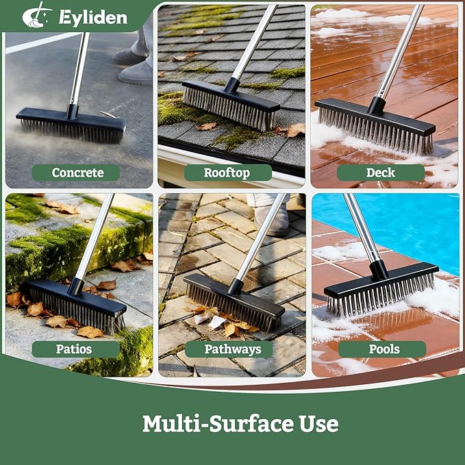 Eyliden Push Broom Heavy Duty Moss Wire Scrub Brush with Stainless Steel Bristles 65 Long Handle Scrubber Brush for Deck Floor Concrete Roof Patio Pool Outdoor Cleaning