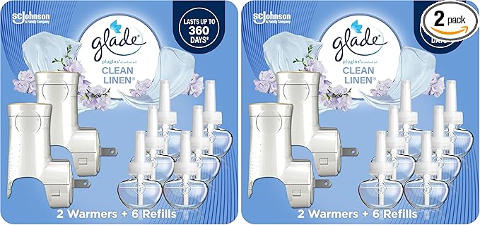 Glade PlugIns Air Freshener Starter KitScented and Essential Oils for Home and BathroomClean Linen4.02 Fl Oz2 Warmers-and 6 Refills(Pack of 2)