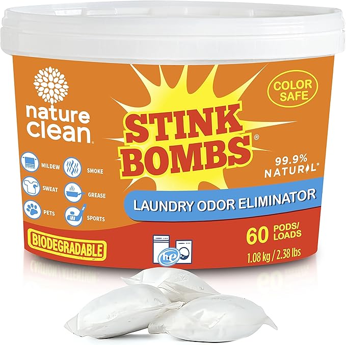Nature Clean Stink Bombs Laundry Odor Eliminator Pods for Clothes Removes Pet Sweat Grease Mildew &amp Sports Odors Laundry Deodorizer for Home Use 60 Count (Pack of 1)