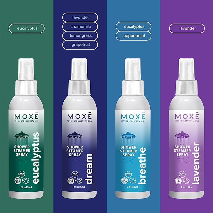 MOXE Aromatherapy Shower Mist Variety Pack Eucalyptus Lavender Breathe and Dream Spa Steam Spray Natural 100% Essential Oils Made in USA Aromatherapy Sinus Congestion Relief 4 Pack (8oz)