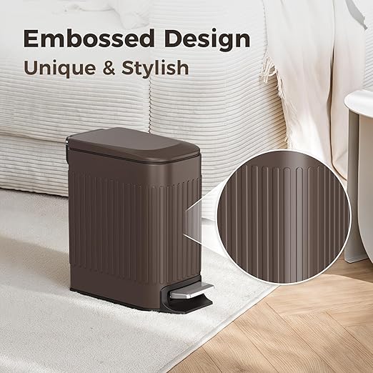 TrashAid Slim Bathroom Trash Can with Lid Soft Close 6 Liter/1.6 Gallon Stainless Steel Small Garbage Can with Removable Inner Bucket Step Pedal Slim Wastebasket for Toilet Office Bedroom Brown