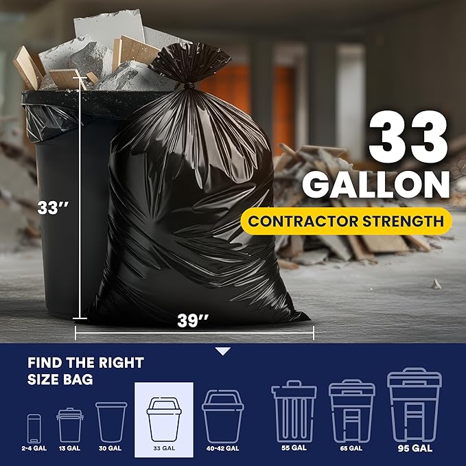 Plasticplace Contractor Trash Bags 33 Gallon - 3.0 Mil Heavy Duty Garbage Bag 33” x 39” Black 50 Count