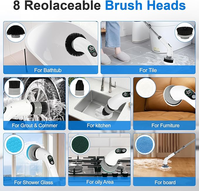Electric Spin Scrubber 550 RPM Cordless Home Cleaning Brush with Extended Handle 3 Speeds 8 Replacement Heads IPX7 Waterproof LCD Display – Power Shower Scrubber for Bathroom Tub Floor Tile