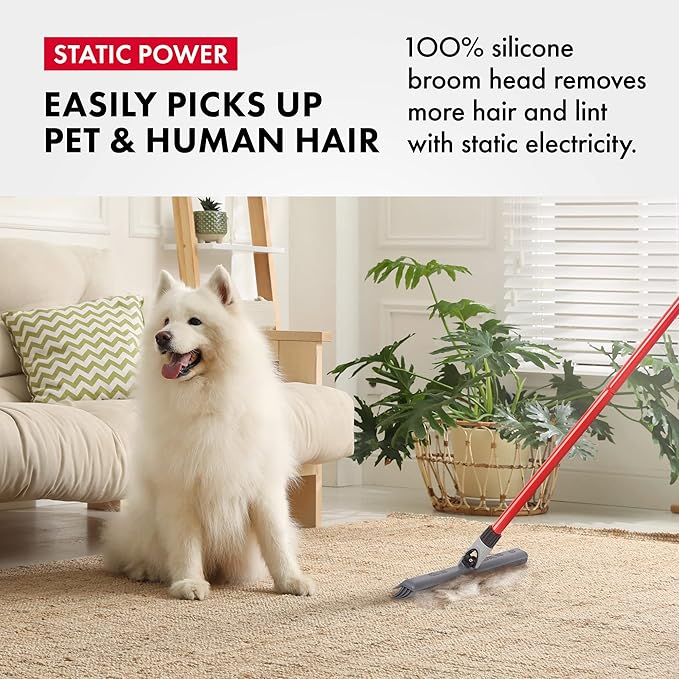 2-in-1 Silicone Rubber Broom Carpet Rake and Squeegee - Swivel Pet Hair Removal Broom with Long Handle - Slanted Side Bristles for Corners - Multipurpose Rubber Broom for Carpet Hardwood Floor Tile