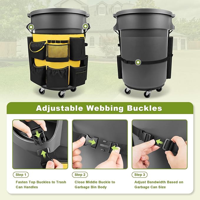 32-55 Gallon Trash Can Caddy Bag Garbage Bin Apron Caddy with Multiple Pockets for Cleaning Supplies Cleaning Tool Organizer with Adjustable Buckle for Janitorial Trash Can Black+Yellow