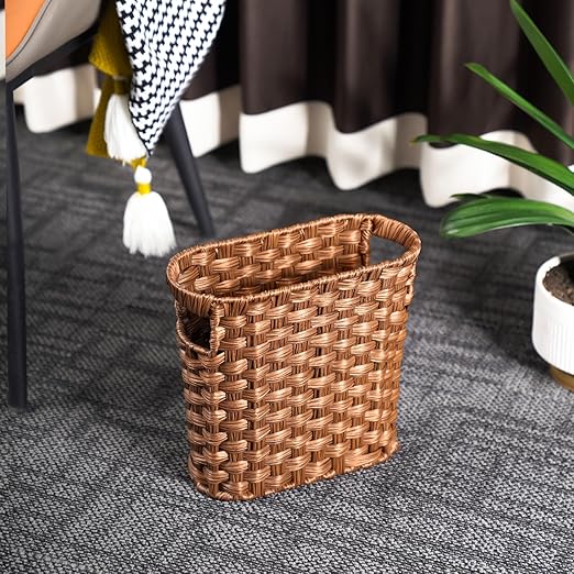 Brown Wicker Waste Basket with Built-in Handles - Multifunctional Mini Wicker Trash Can for Home and Office - Compact Design and Durable Construction with Fine Artisanal Craftsmanship