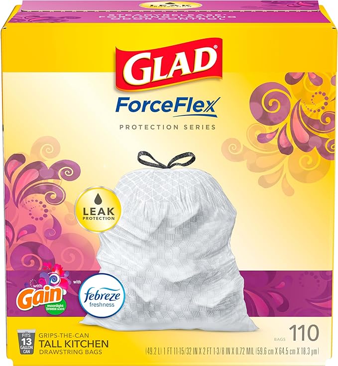 Glad ForceFlex Tall Kitchen Trash Bags 13 Gal Gain Moonlight Breeze 110 Ct Pack May Vary