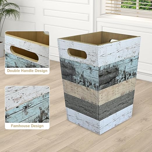 2 Pack 1.5/2.5 Gallons Wood Trash Can Set Rustic Style Wastebasket with Handles Farmhouse Rectangular Garbage Can Waste Basket Small Trash Bin for Bedroom Bathroom Kitchen Office