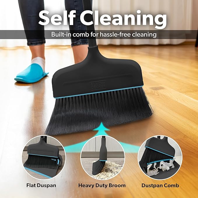 BLACK+DECKER Butler Broom &amp Dustpan Set - Short Handle Stand-Up Design - Lightweight Space-Saving Combo for Kitchen Living Room Bathroom Lobby Floors - Home Cleaning Essential Black/Blue