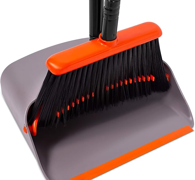 BirdRock Home Broom and Dustpan Set - Lobby Dust Pan - Orange and Grey Durable Set - Indoor or Outdoor - Sweep Combo Great for Kitchen Home Garage and Office - Clip On Self Cleaning Bristles