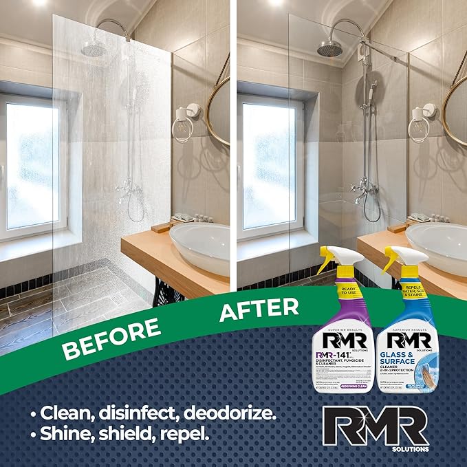 RMR Defend &amp Detail Duo – RMR-141 EPA Registered Mold &amp Mildew Spray + Glass &amp Surface Cleaner/Repellent 2-Step Clean &amp Protect System for Glass Tile Bathrooms Surfaces 2–32 Oz Bo