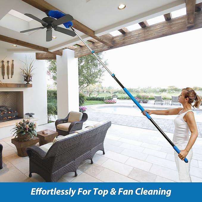 20 Feet High Reach Duster Kit with 5-12 Ft Extension Pole Cobweb Duster with Telescoping Pole Window Squeegee with Scrubber Spider Web Brush High Ceiling Fan Duster for High Window Interior Roof