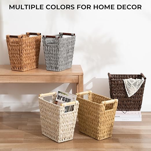 GRANNY SAYS Woven Trash Basket Brown Wastepaper Basket with Handles Wicker Bathroom Trash Can for Dorm Laundry Room 1-Pack 13 x 7 ½ x 12 ½