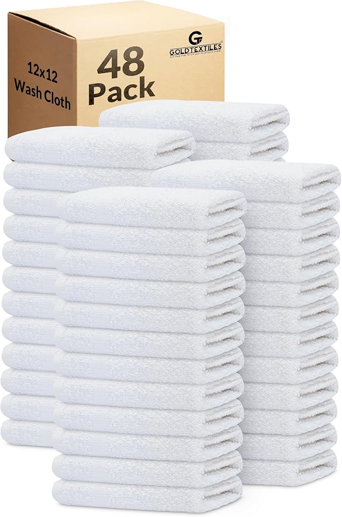 GOLD TEXTILES 48 Pack Economy White Washcloths Set (12x12 inches) - Cotton Blend Commercial Grade Cleaning Rags Quick Drying &amp Soft Face Cloths Fingertip Towels for Bathroom Spa Gym and Kitch