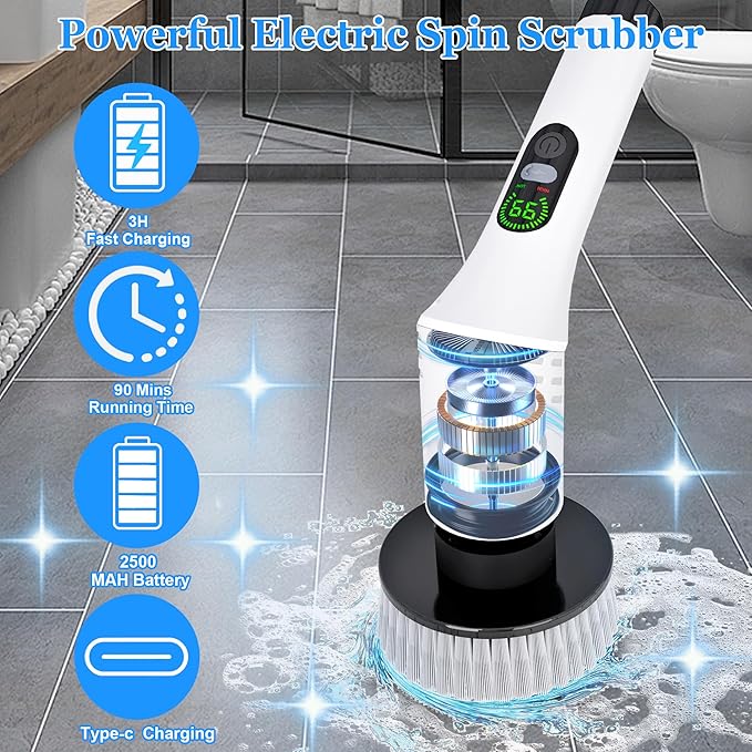 Electric Spin ScrubberCleaning Scrubber Brush Electric for Home with Power LCD DisplayCordless Bathroom Scrubber for Bathroom Tile Glass CleaningAdjusted Head Angle with 7 Replaceable Heads