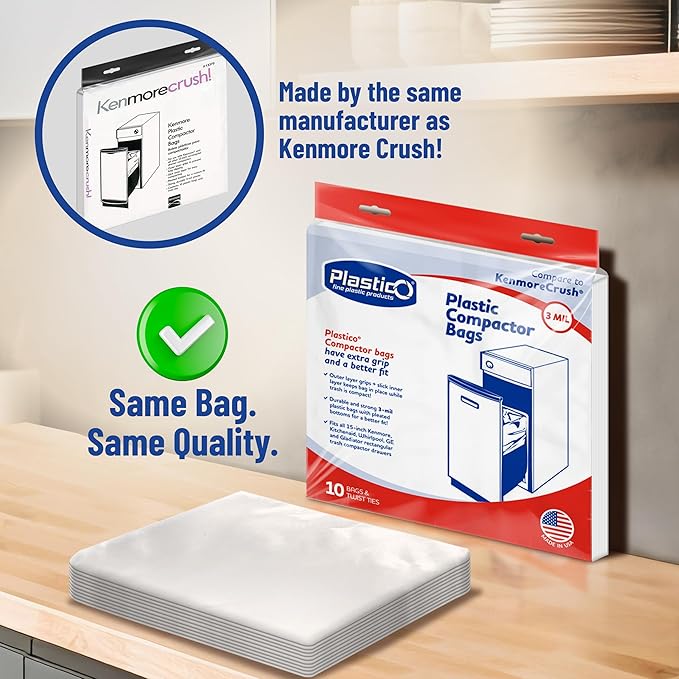 Plastico Compactor Bags for 15” Rectangular Trash Compactors 60 Bags + 60 Twist Ties Heavy Duty 3 Mil Thick Plastic 18 Gallon Pre-Punched Holes for Easy Attachment Strong &amp Flexible Crushing