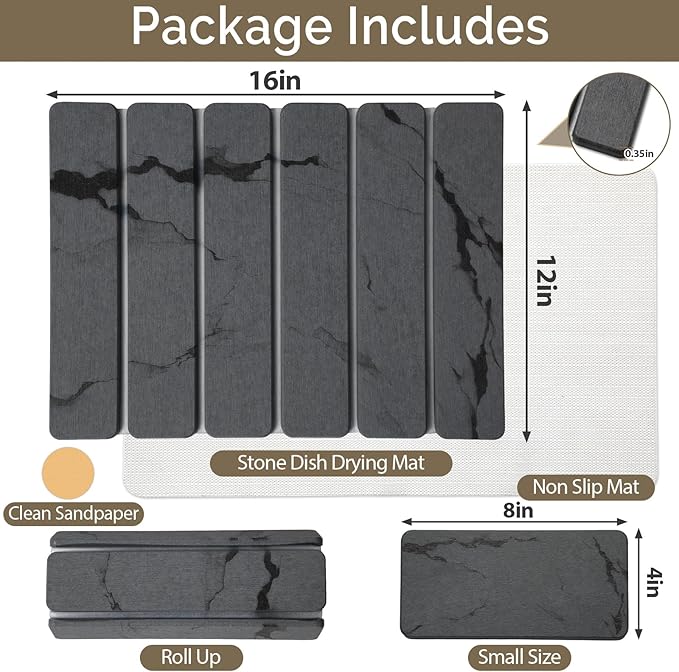 Large Stone Dish Drying Mat for Kitchen Counter 2PCS Quick Dry Stone Dishes MatFoldable Water Absorbing Diatomaceous Drying Organizer Pad for Plate Rack Bottles Utensils(Dark Gray 16x12 &amp 8“x4