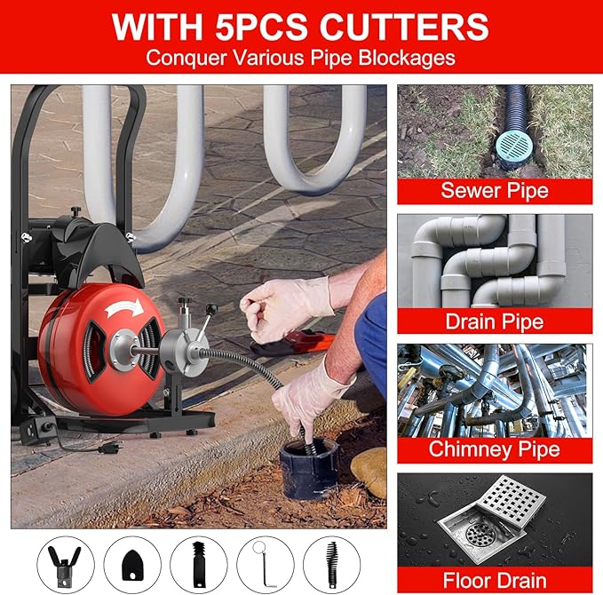 75Ft Drain Cleaning Machine 450w Portable Drain Auger with Wheels 1/2 Auto-Feed Drain Snake with 4 Cutters Electric Sewer Auger for Sink Toilet Floor Drain
