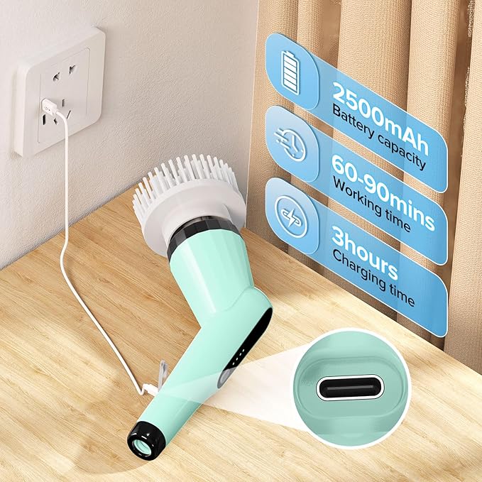 Electric Spin Scrubber Dreazu IPX7 Bathroom Scrubber with 7 Replaceable Brush Heads &amp Retractable Handle 2-Speed Adjustable Spin Scrubber for Bathroom Bathtub Kitchen Tile Floors（Green）