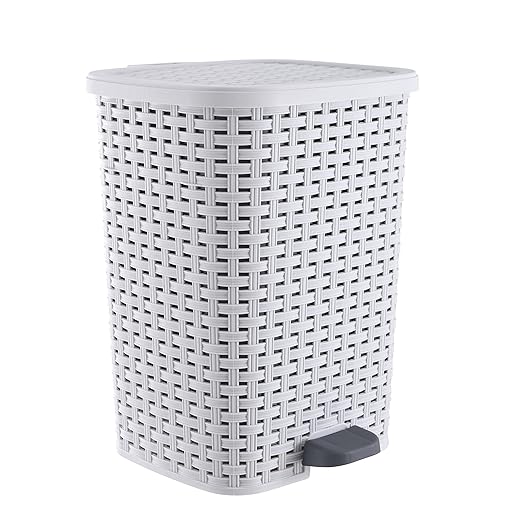 Superio Small Outdoor Trash Can with Lid for Dog Poop 6.8 Gallon/26 L Step On Plastic Garbage Can with Foot Pedal for Bathroom Bedroom Office Patio Wicker Smoke