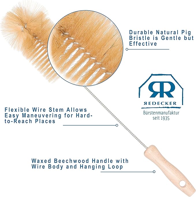 Redecker Natural Pig Bristle Soda Bottle Brush 15-Inches Flexible Wire Handle Made in Germany