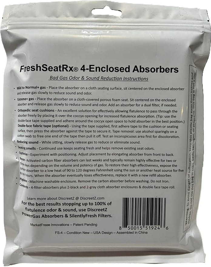 FreshSeatRx 4-Discreet Odor Removal Seat Pads. Orthopedic Seat Cushion Pads Prevent Gassy Seat &amp Room Air Odors. Use Home Office Car Flight Any Seating. Activated Charcoal &amp Carbon Gas Pad