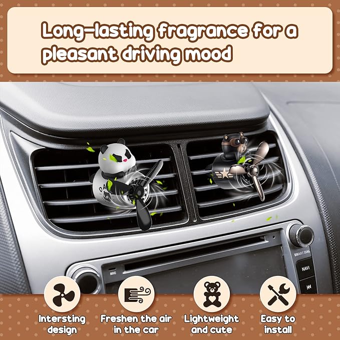 2 Pcs Car Air Freshener Cute Car Diffuser Cartoon Outlet Fan Air Diffuser for Car Vent Perfume Automotive Decoration(Panda Bear)