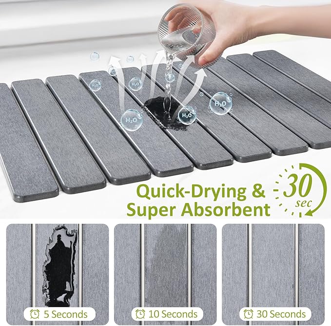 Large Stone Dish Drying Mat for Kitchen Counter 24(L)×16(W) Collapsible Quick Dry Stone Dish Mats Super Absorbent Diatomaceous Earth Drying Pad for Dishes Bottles Cups Countertops (Light Grey)