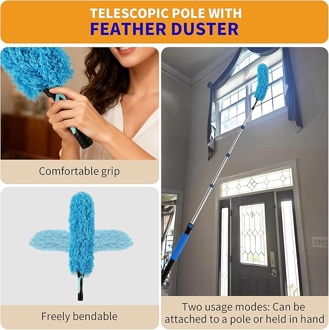 Duster with Extension Pole (20 FT Reach) Light Bulb Changer for High Ceilings &amp 3-12FT Extension Pole Duster Cleaning Kit Fan Duster/Cobweb Duster/Window Washing Kit for High Window Interior Ro