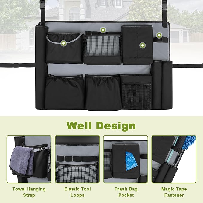 32-55 Gallon Trash Can Caddy Bag Garbage Bin Apron Caddy with Multiple Pockets for Cleaning Supplies Cleaning Tool Organizer with Adjustable Buckle for Janitorial Trash Can Black+Gray