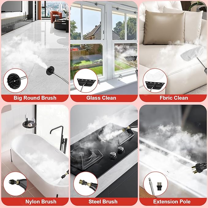 Steam Cleaner for Home 15s Heat-Up 1.2L Water Tank 6-Level Adjustable Handle Handheld Steam Cleaner for Car Detailing Dirt Furniture Couch Floor Tile Bathroom Bed Bugs 9Pcs Accessories
