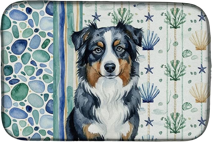 Caroline's Treasures Black Australian Shepherd Coastal Sea Glass Dish Drying Mat Absorbent Dish Drying Mat Pad for Kitchen Counter Dish Drainer Mat for Countertop 14 x 21 Multicolor