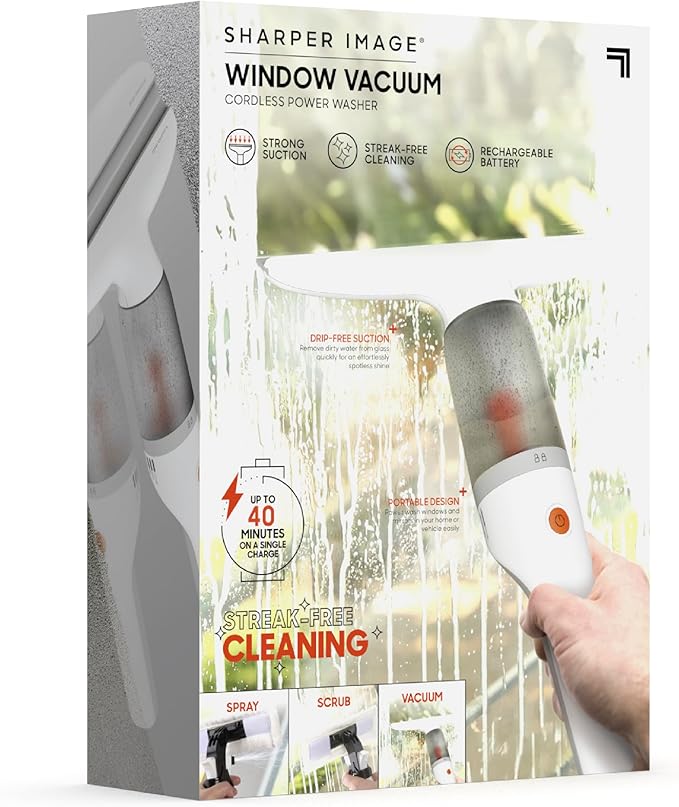 Sharper Image® 2-in-1 Window Vacuum Cleaner Kit – Cordless Squeegee Spray Bottle 11 Blade 2 Washable Microfiber Pads| Cleaning Supplies Tool Set| Glass Mirrors Shower Windows Car Windshield