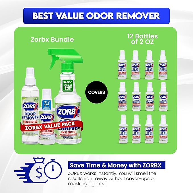 ZORBX Unscented Odor Eliminator for Strong Odor 3 items Bundle: 16 Oz + 7.5 Oz + 2 Oz - Used in Hospitals &amp Healthcare Facilities - Fast-Acting Odor Remover Spray for Dog Cat House &amp Carpet
