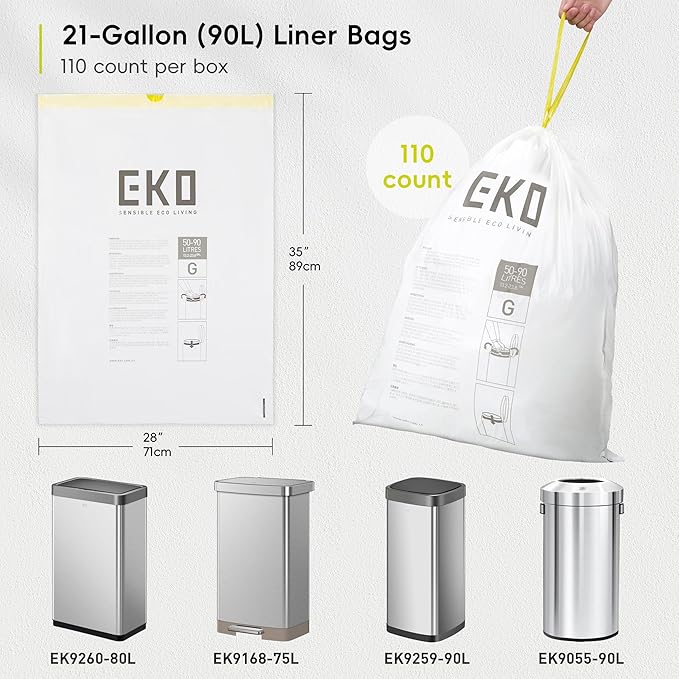 EKO 21 Gallon / 50-90 Liter110 CountDrawstring Trash Bags Extra-Strong Unscented Garbage Bags Easy-Dispense Roll for Kitchen &amp Household Use Resists Tears Leaks and Punctures Code G White