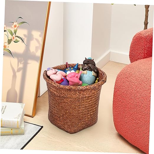 Healifty Natural Straw Woven Wastebasket Small Office Trash Container Open Top Practical Waste Paper Basket Storage Bin for Home and Bedroom