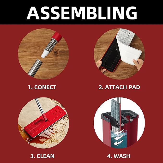 Mop and Bucket with Wringer Set Flat Mop and Bucket Squeeze Floor Mop with 3 Washable Microfiber Mops Wet and Dry Use Household Cleaning Tools for Hardwood Floor Laminate Tile