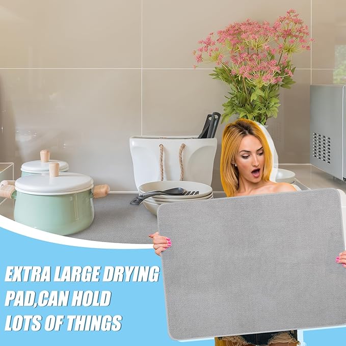 Hushee 2 Pack Extra Large Dish Drying Mat Microfiber Absorbent Dish Drying Pad Large Size Dishes Drainer Mats for Countertop Sink Refrigerator or Dryer (30 x 24 InchGray)