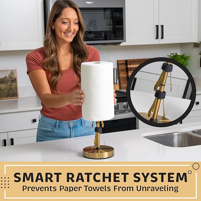 Heavy-Duty Stainless Steel Paper Towel Holder - Easy One-Handed Tear with Suction Cups - Modern Weighted Standing Countertop Dispenser for Kitchen - Holds All Paper Towel Rolls Gold