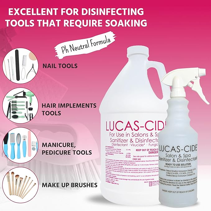 LUCAS-CIDE Salon and Spa Disinfectant 1 Gallon (Pink) Bundle with Pump &amp Leak Proof Empty Spray Bottle (32 Oz.)