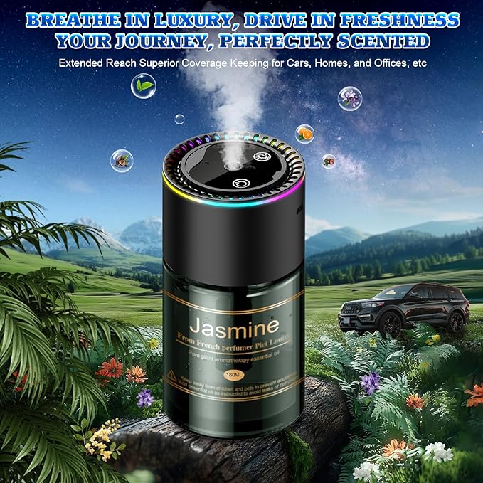Smart Car Air Freshener Diffuser - 270-Day Long-Lasting Essential Oil (6.09oz/180ml) Auto On/Off Sensor Ultrasonic Dual Modes Multi-Mode Adjustable Natural French Fragrance Oils Jasmine Scent