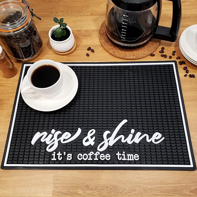 New Mungo Coffee Bar Mat – “Rise &amp Shine It’s Coffee Time” – Spill-Proof PVC Coffee Station Mat Non-Slip Countertop Protector 18x12