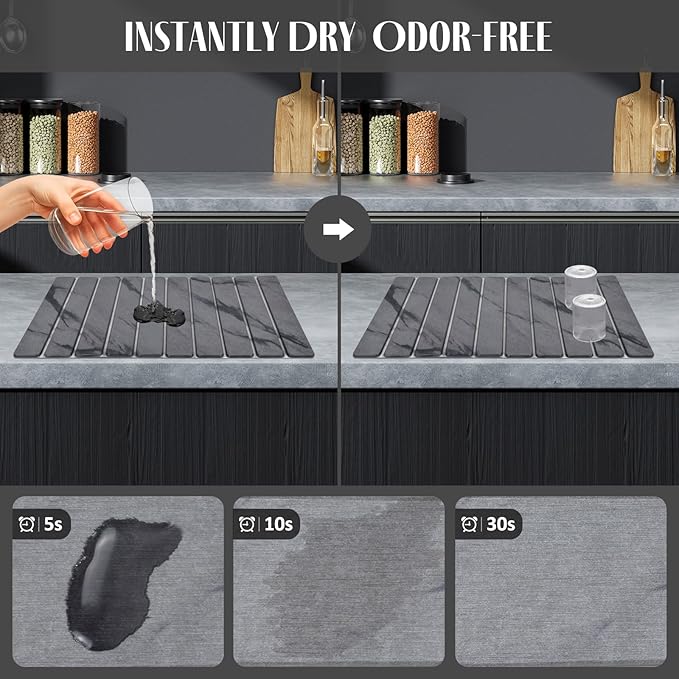 Large Stone Dish Drying Mats for Kitchen Counter 24(L)×16(W) Marble Pattern Quick Dry Collapsible Dish Drying Mat Eco-Friendly Absorbent Diatomaceous Earth Mat for Dishes Bottles Cups - Dark Gary