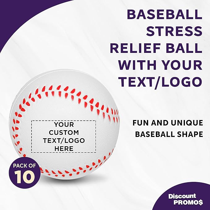 DISCOUNT PROMOS Custom Baseball Shaped Squeeze Balls Set of 10 Personalized Bulk Pack - Perfect for Promotional Giveaways - White