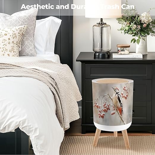 Bathroom Trash Can with Lid Abstract Woodpecker Snowy Red Berries Snow Tree Branch Winter Setting Garbage Bin Waste Basket for Kitchen Office Bedroom Decoration Diaper Pail 1.8 Gallon