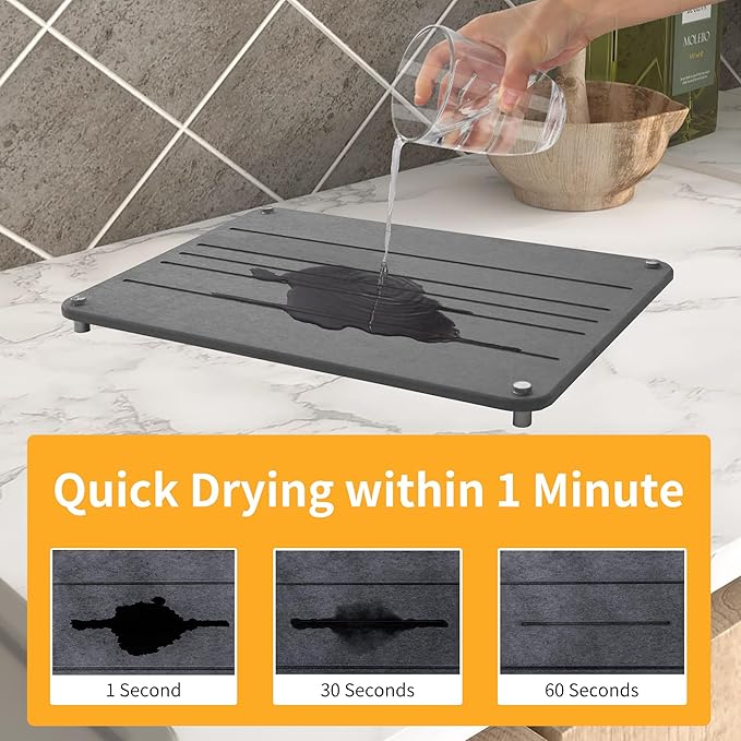 Stone Dish Drying Mat 15.7x11.8(DARK GRAY) Fast Dry Diatomaceous Earth Drying Mat Non-Slip Absorbent Kitchen Bath Counter Mat with Stainless Steel Legs