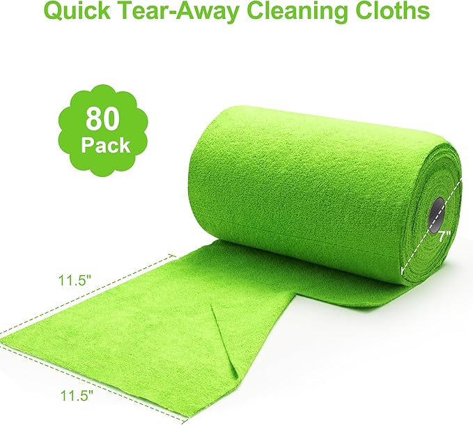 Greenfound Microfiber Cleaning Cloth Roll -80 Pack 11.5x11.5 Tear Away Towels Reusable and Washable Rags Green