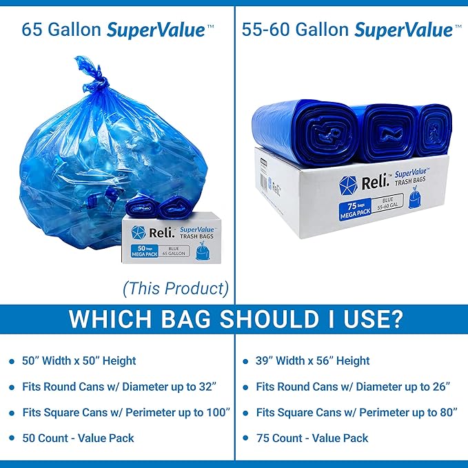 Reli. SuperValue 65 Gallon Recycling Bags | 50 Count | Blue Trash Bags | Made in the USA