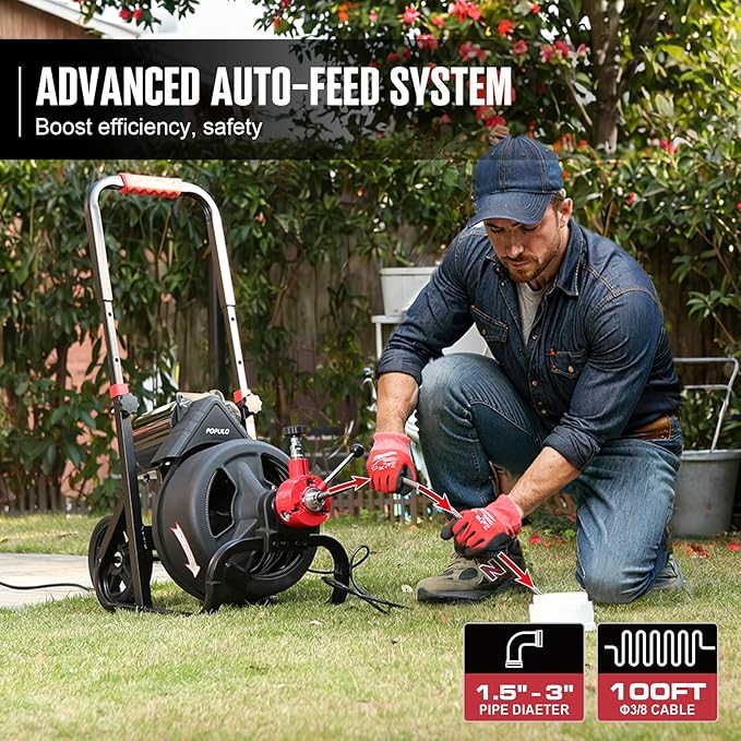 POPULO Drain Cleaner Machine 100Ft x 3/8 Inch Auto feed Sewer Snake Auger on Wheels Electric Drain Auger Professional for 1.5 to 3 Inch Pipes &amp Foot Switch with 8 Cutters